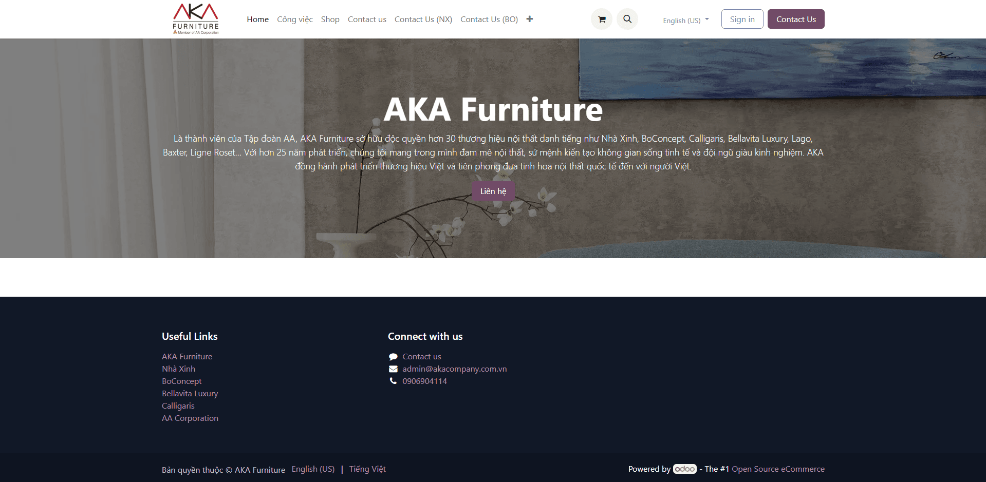 Trang giới thiệu AKA Furniture với logo AKA và ảnh nội thất.