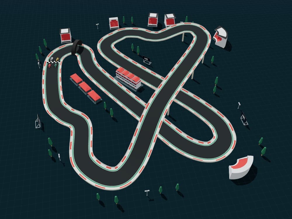 Apex Circuit overview: a continuous road, elevated crossover and scenery from Kenney Racing Kit.