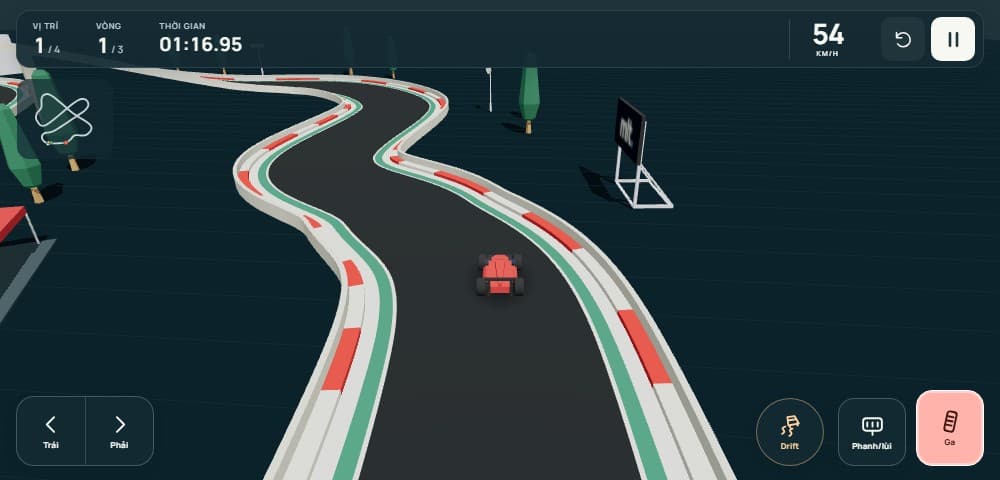 Chơi trên điện thoại ngang: lái bên trái, ga/phanh/drift bên phải và thông số ở phía trên.