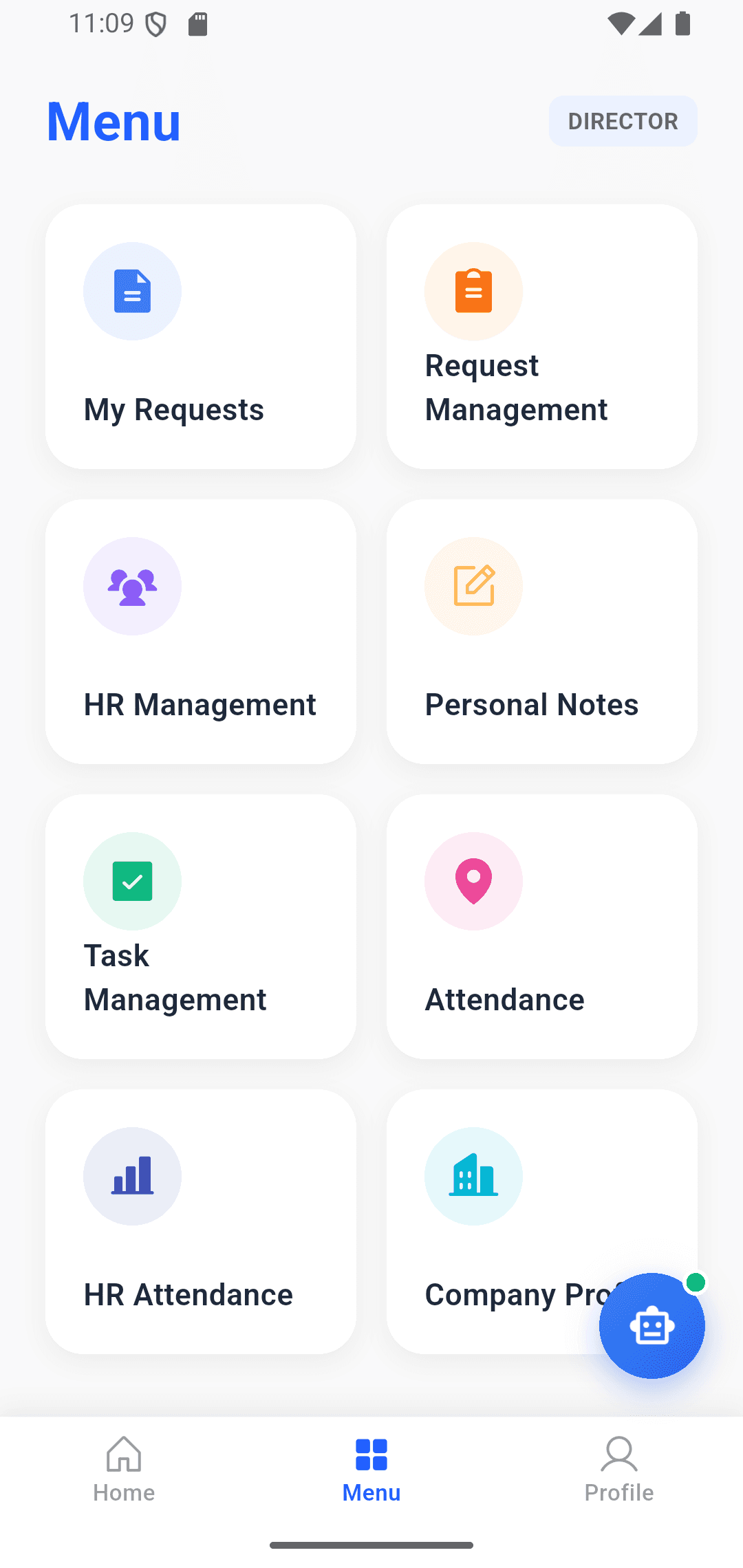 OfficeSync mobile menu showing requests, HR, tasks and attendance modules