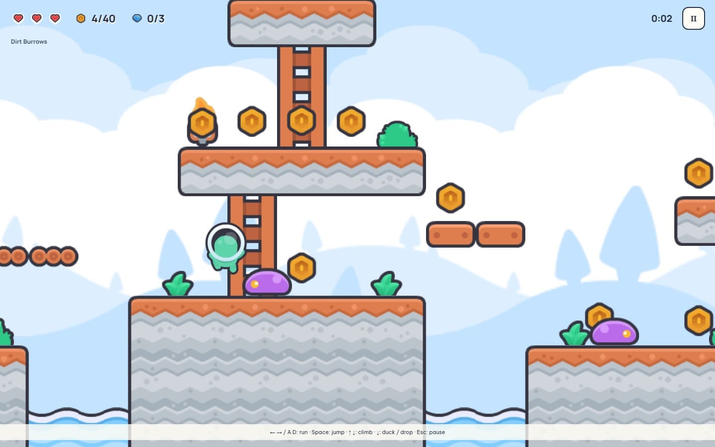 Dirt Burrows: earthy terrain with ladders, springs and falling platforms.