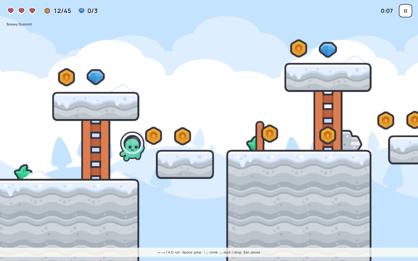 Snowy Summit: slippery ground and moving platforms.