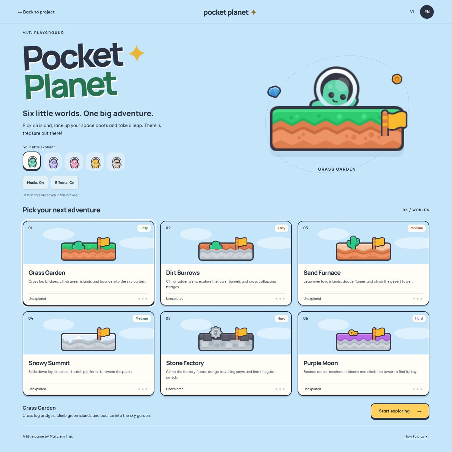 Pocket Planet: choose from six levels and five character colors.