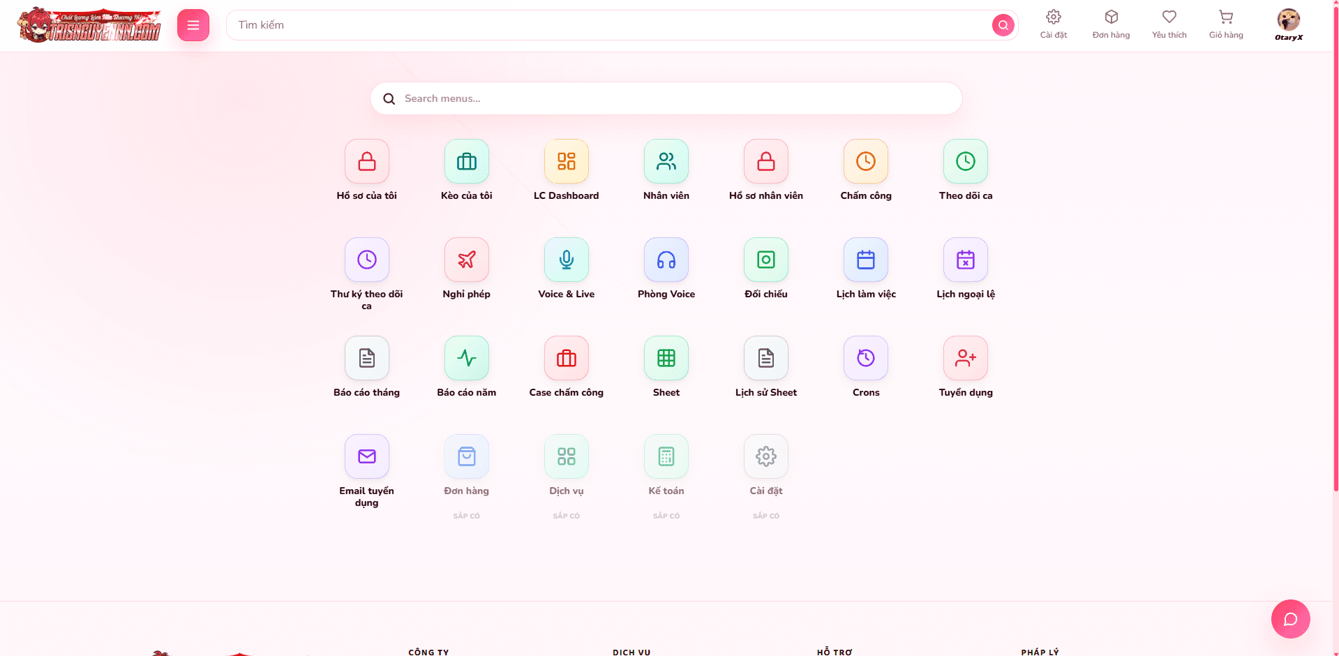Menu ERP trên desktop với các mục nhân viên, chấm công, lịch làm việc, sheet và báo cáo