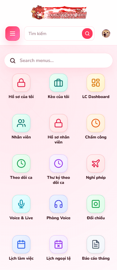 Menu ERP trên điện thoại với các mục nhân viên, chấm công, theo dõi ca, nghỉ phép và báo cáo