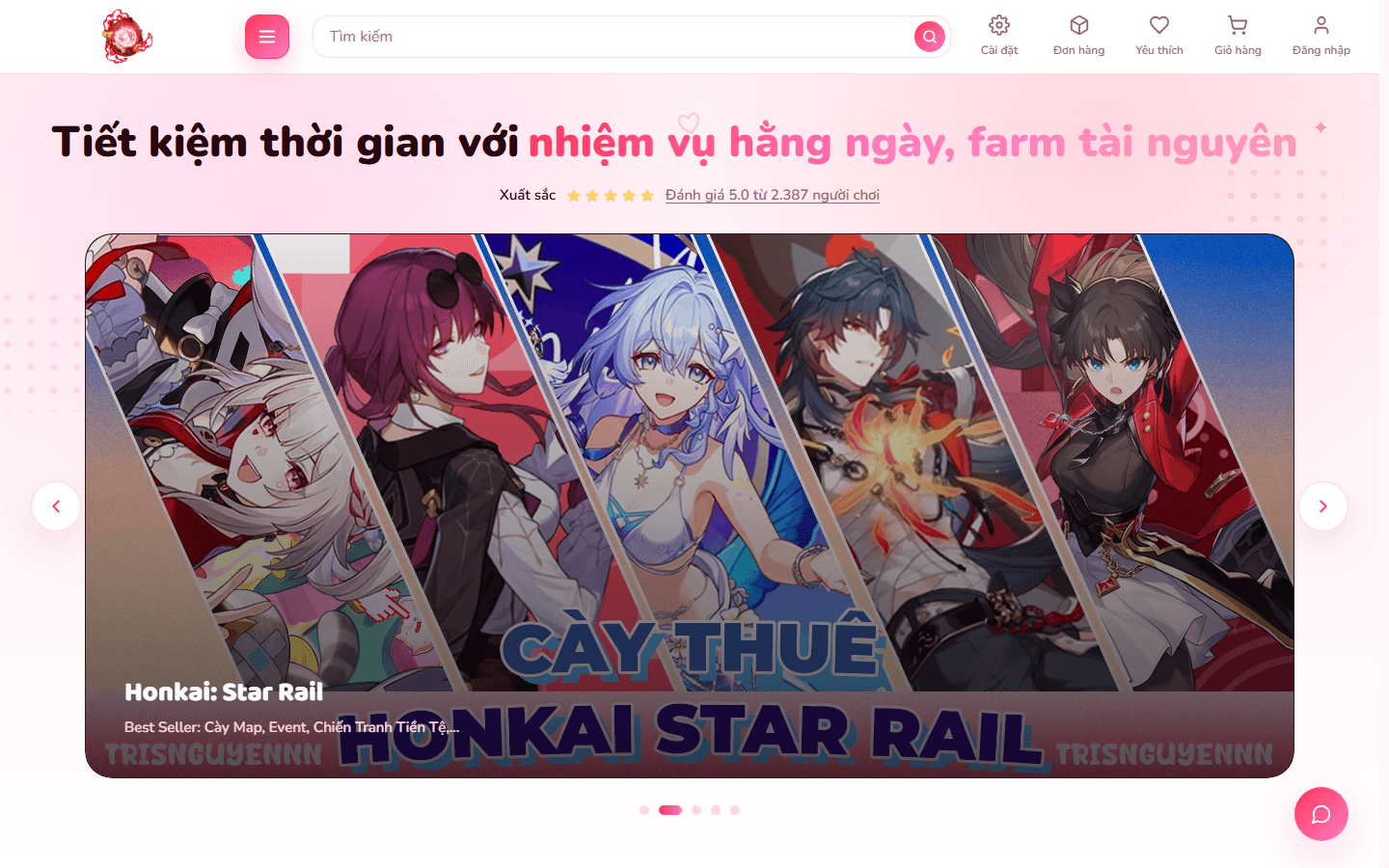 Trisnguyennn.com desktop home page with game banners and a service introduction