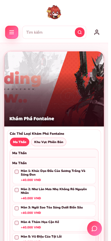 Trang dịch vụ Khám Phá Fontaine trên điện thoại với các tùy chọn gói theo nhóm